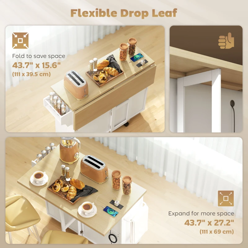 HOMCOM Kitchen Island with Storage, Rolling Kitchen Cart with Charging Station, Drop Leaf, Spice Rack, Towel Rack, Drawers