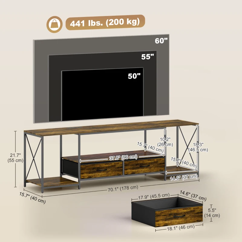 HOMCOM Industrial TV Stand for up to 60 Inch TV, TV Console with Charging Station and RGB LED Lights, Rustic Brown