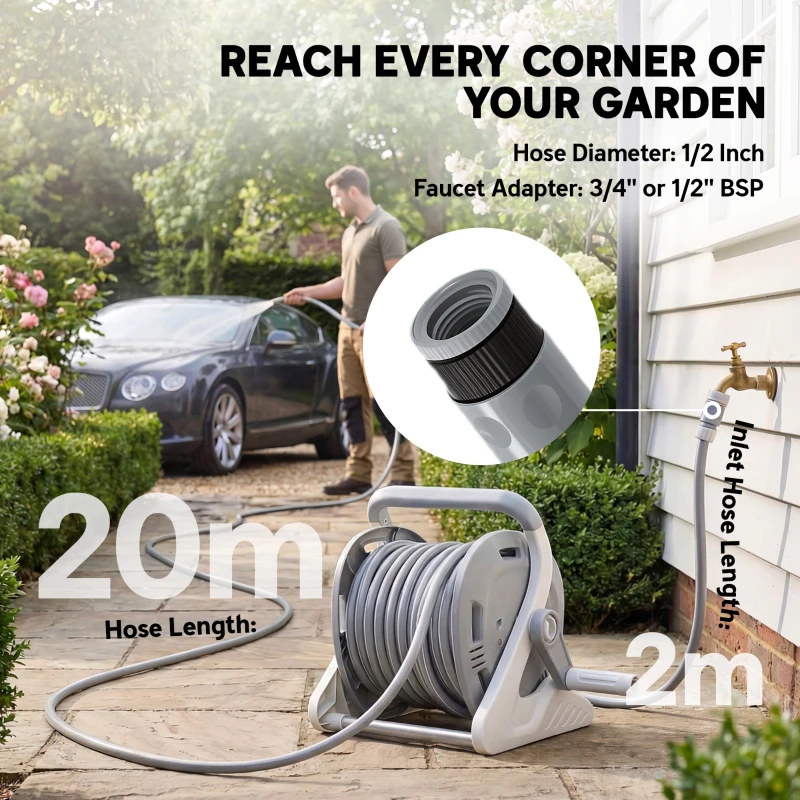 Outsunny Portable Garden Hose Reel, 1/2" x 66ft Wall Mounted Hose Reel with 2 Patterns Spray Nozzle and Crank Handle, Grey