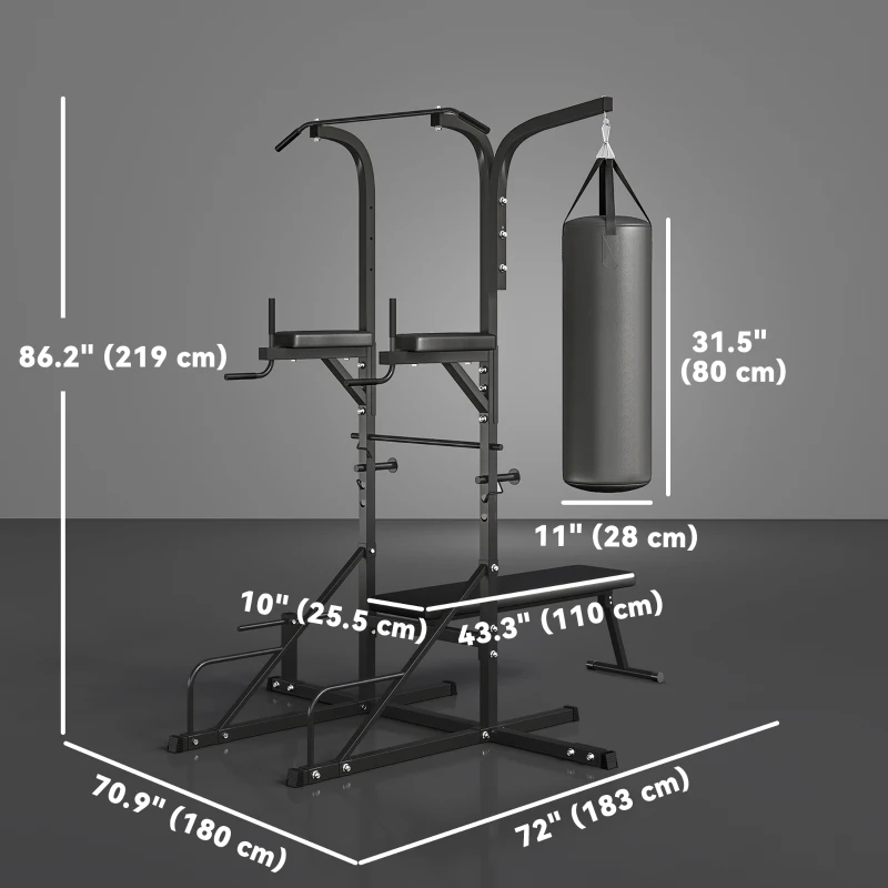 Soozier 86" Power Tower Full Body Home Gym Fitness Station with Punching Bag Adjustable Sit Up Bench