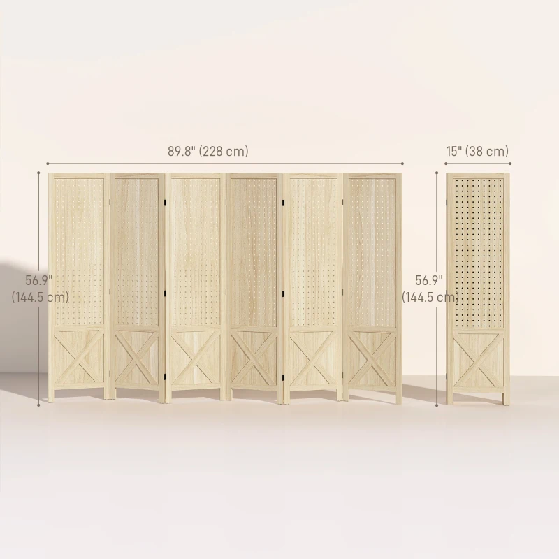 HOMCOM Wooden Room Divider with Pegboard Display, 6 Panel Folding Privacy Screen for Home Office, Natural Wood
