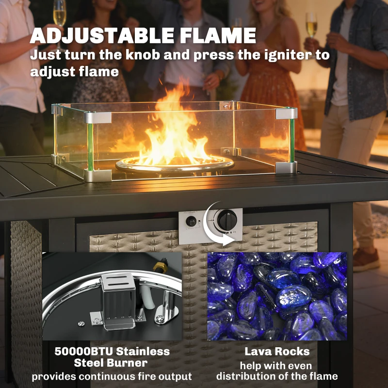 Outsunny 32" Propane Gas Fire Pit Table, 50,000 BTU Square Patio Table with Fire Pit, Wind Guard, Lid, CSA Certified, Grey