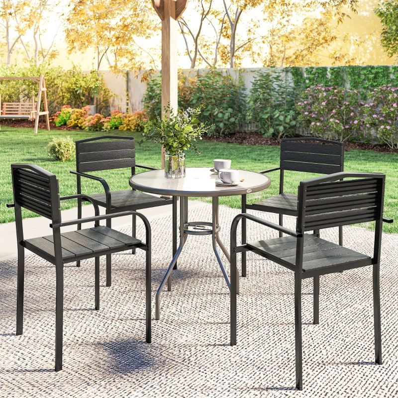 Outsunny Stackable Patio Chairs Set of 4, Outdoor Dining Chairs with Slatted HDPE Seat, Armrests for Garden, Backyard, Black