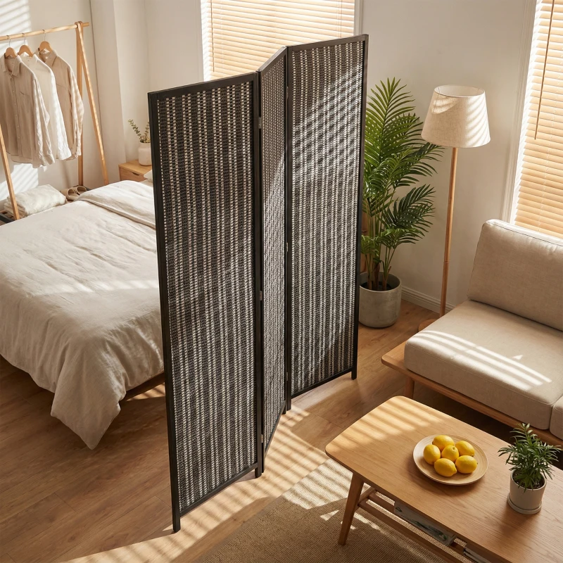 HOMCOM Folding Privacy Screen, 3 Panel Room Divider, Freestanding Partition with Handwoven Bamboo and Pine Wood Frame, Black