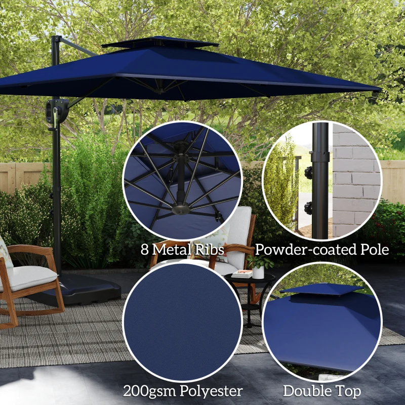 Outsunny Square Cantilever Patio Umbrella, Double Top Patio Hanging Offset Umbrella with Crank & Tilt, 8' x 9', Dark Blue