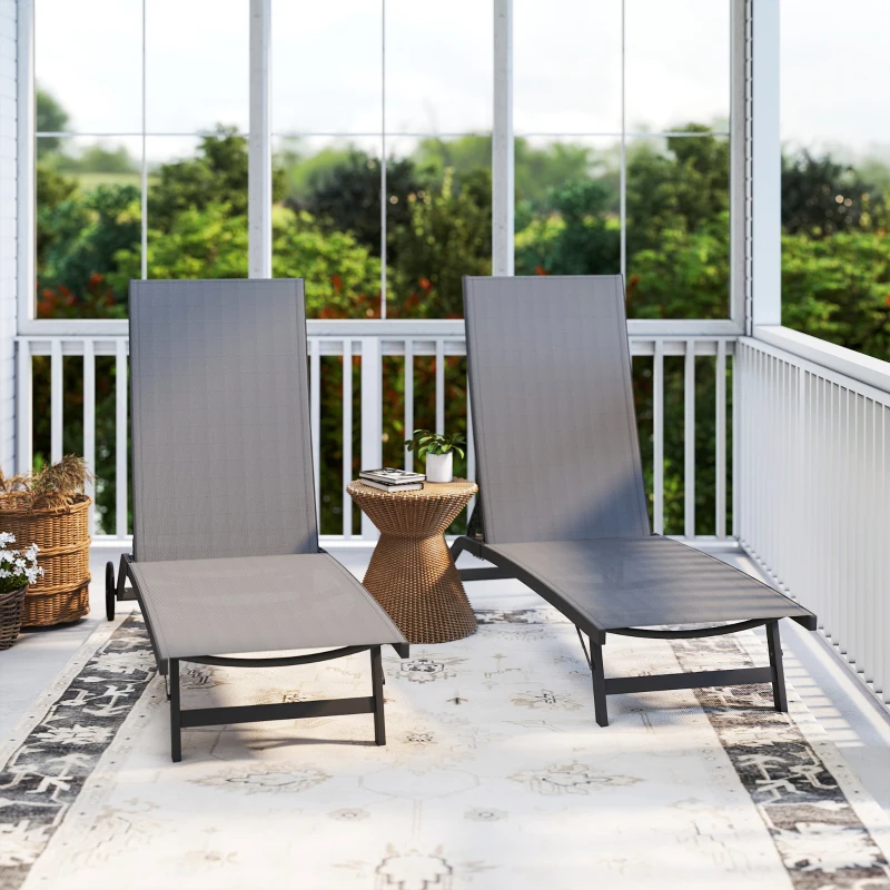 Outsunny Outdoor Lounge Chair Set of 2, Tanning Chair with Wheels, Breathable Mesh for Patio, Backyard, Poolside, Dark Grey