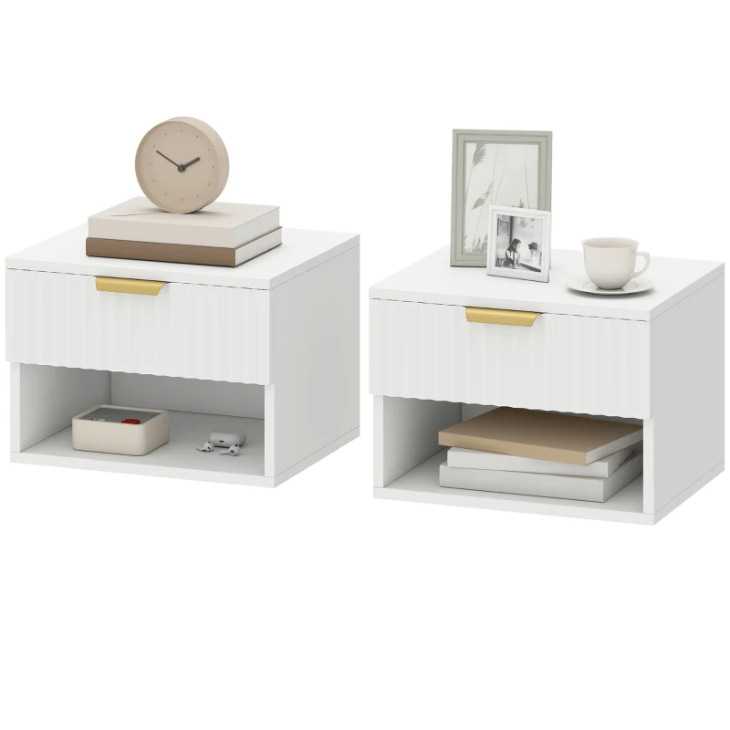 HOMCOM Floating Nightstands, Wall Mounted Bedside Tables Set of 2 with Drawer and Open Shelf, White