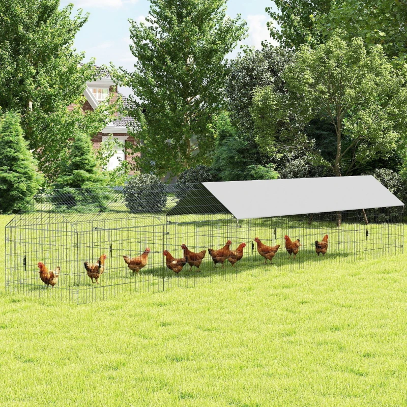 PawHut Metal Chicken Coop, Large Chicken Run with Water-Resistant & Anti-UV Cover for 7-9 Hens, Outdoor Hen House with 10 Doors