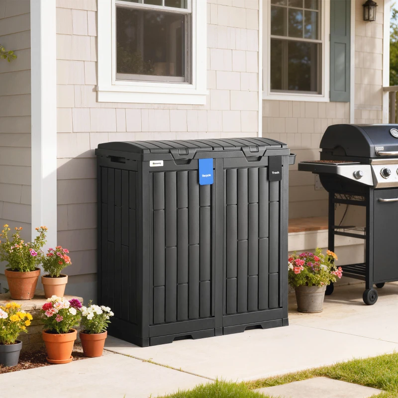 Outsunny 58 Gallon Double Outdoor Garbage Bin with Dual Lid, Plastic Outdoor Waste Trash Can with Ash Holder and Drip Trays