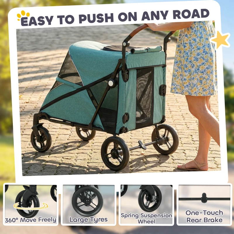PawHut Dog Stroller for Large Dogs Up to 66 LBS with All-Terrain Spring Suspension, 8-Position Adjustable Handle, Teal