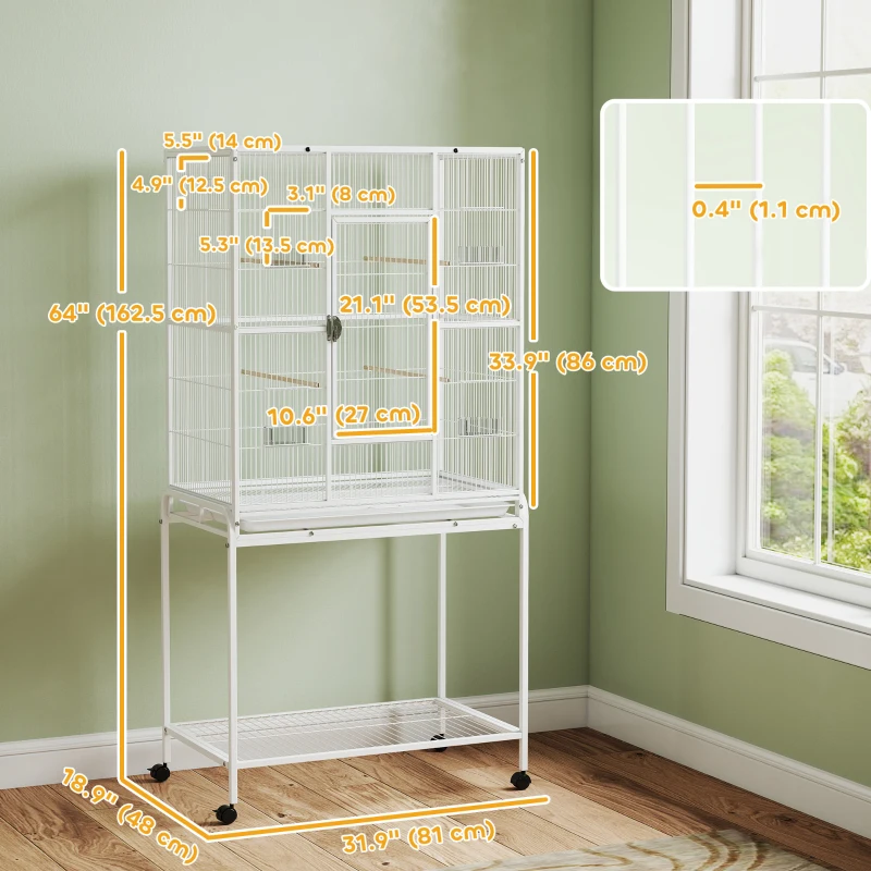 PawHut 64" Large Rolling Bird Cage Bird House with Detachable Rolling Stand, Storage Shelf, Wood Perch Food Container, White