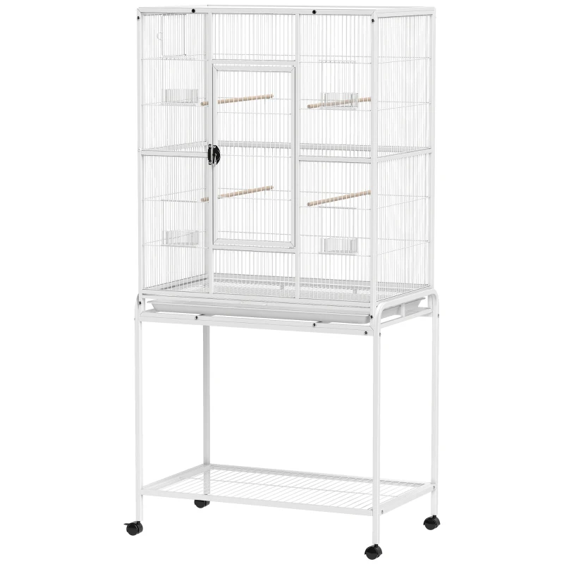 PawHut 64" Large Rolling Bird Cage Bird House with Detachable Rolling Stand, Storage Shelf, Wood Perch Food Container, White
