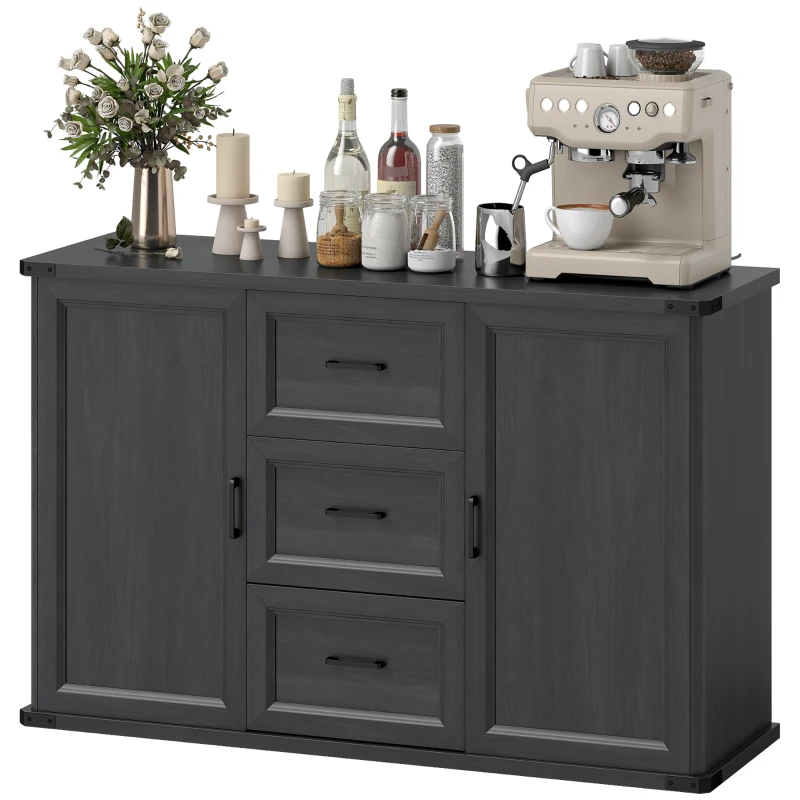 HOMCOM Sideboard with 3 Drawers and 2 Doors, 47" Buffet Cabinet with Adjustable Shelves for Kitchen, Black Wood Grain