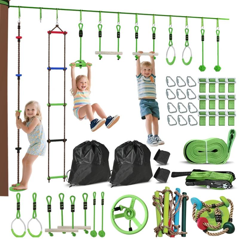 Qaba Obstacle course for Kids, with 10-Piece Slackline Kit with Monkey Bars, Gym Rings, Rope Ladder, Nest Swing, Hanging Tray
