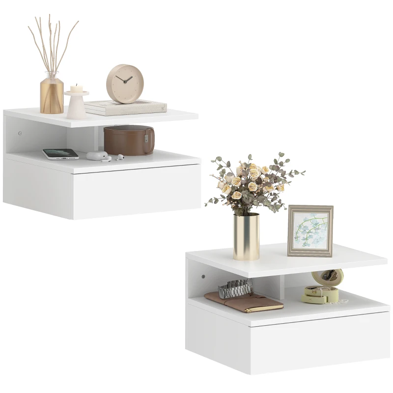 HOMCOM Floating Nightstand Set of 2, Wall Mounted Bedside Table with Drawer and Shelf, Small Night Stand for Bedroom, White