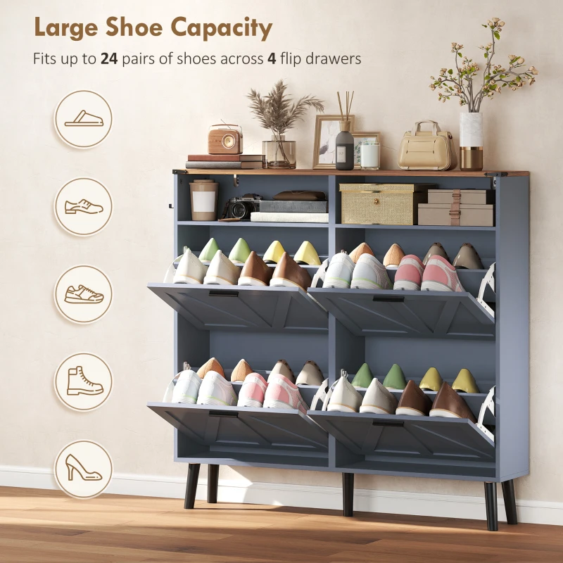 HOMCOM Shoe Storage Cabinet with 4 Flip Drawers, Farmhouse Narrow Shoe Cabinet, Holds Up to 24 Pairs, Blue