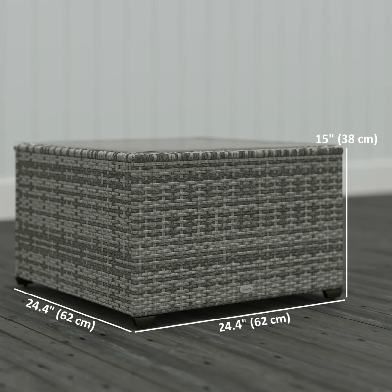 Outsunny 24.4" Patio Wicker Coffee Table, PE Rattan Outdoor Side Table with Tempered Glass Top, Light Grey