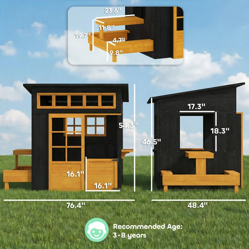 Qaba Outdoor Playhouse, Wooden Kids Playhouse w/ Picnic Table & Benches, Chalkboards, Half Door, Windows, for Kids Ages 3-8