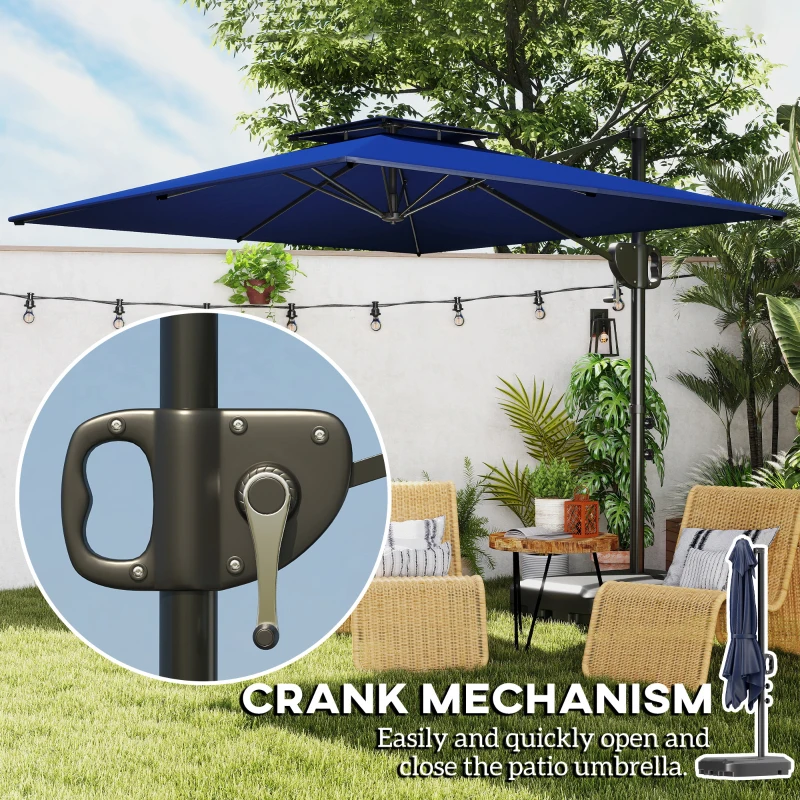 Outsunny Square Cantilever Patio Umbrella, Double Top Patio Hanging Offset Umbrella with Crank & Tilt, 8' x 9', Dark Blue