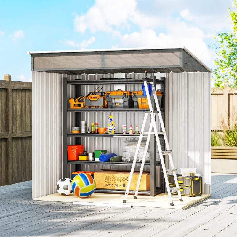 Outsunny 6.5x4FT Galvanised Metal Shed with Foundation Kit, Lockable Garden Tool Storage House with Sliding Doors, Vents, Grey