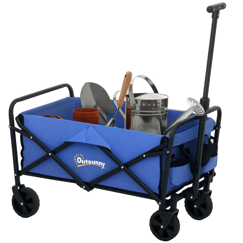 Outsunny Collapsible Folding Garden Cart, Heavy Duty Lawn Wagon with Universal Wheels and Adjustable Handle, Blue