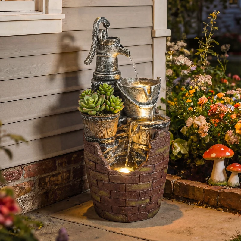 Outsunny 4-Tier Outdoor Fountain with Planter, Cascading Waterfall Feature with LED Lights, Rustic Brown and Grey