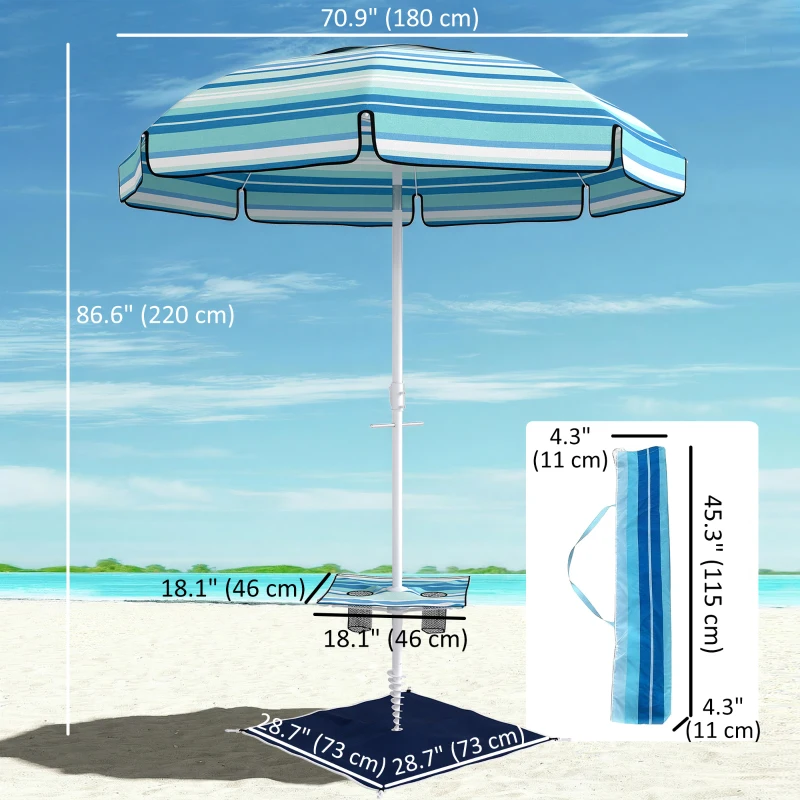 Outsunny 6 ft Portable Beach Umbrella with Foldable Table, Tilting Outdoor Sun Shade with Sand Anchor, Sandbag, Dark Blue