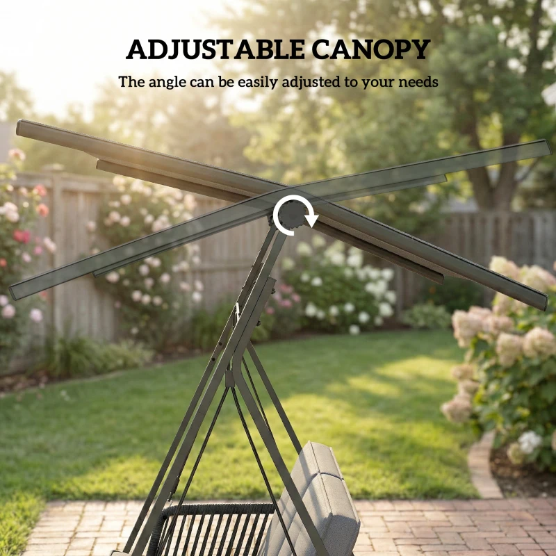 Outsunny 2-Person Outdoor Patio Porch Swing with Adjustable Canopy, Rattan Hanging Swing Bench with Soft Cushions