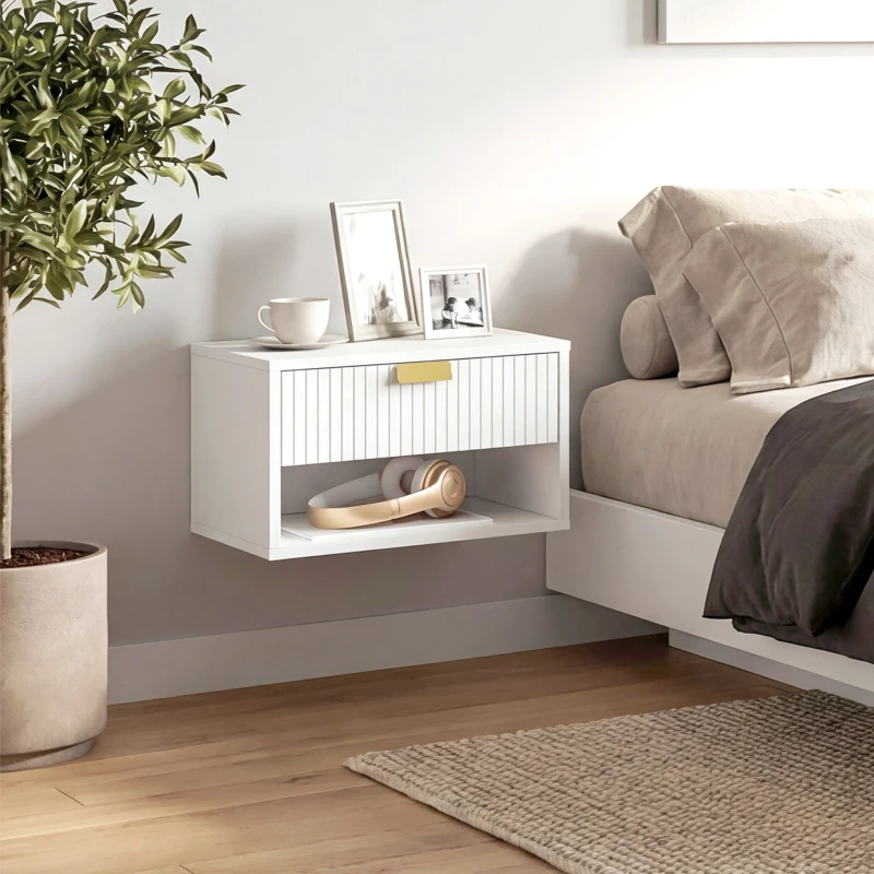 HOMCOM Set of 2 Wall Mounted Bedside Tables, Floating Nightstands with Fluted Drawer and Open Shelf for Bedroom, White