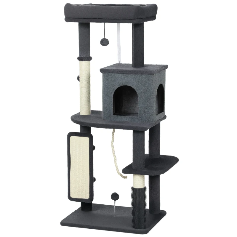 PawHut 52 Inch Cat Tree with Scratching Posts, Cat Bed, Condo, Grooming Brush, Jumping Platforms, Toy Balls, Anti-tip Kit