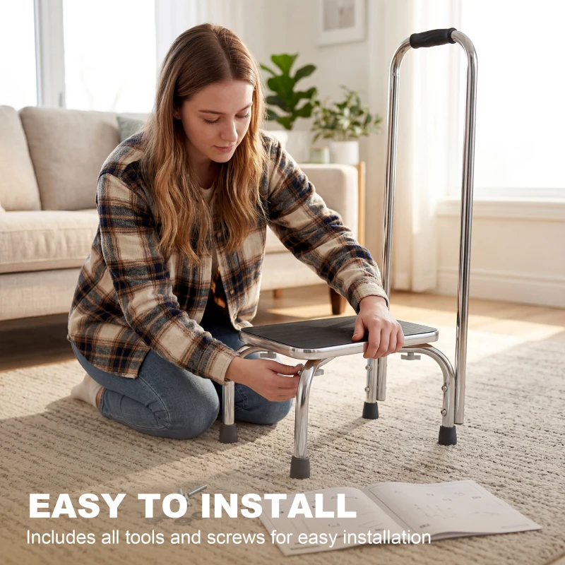 HOMCOM Step Stool with Handle for Adults and Seniors, Heavy Duty Metal Foot Step Stool for Elderly, Portable Stool with Anti-slip Design