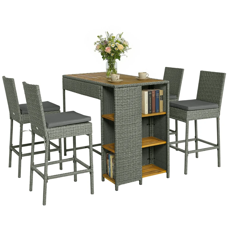 Outsunny 5 Piece Wicker Outdoor Bar Set, Acacia Wood Outdoor High Top Table and Chairs with 3 Tier Shelves, Cushions, Gray
