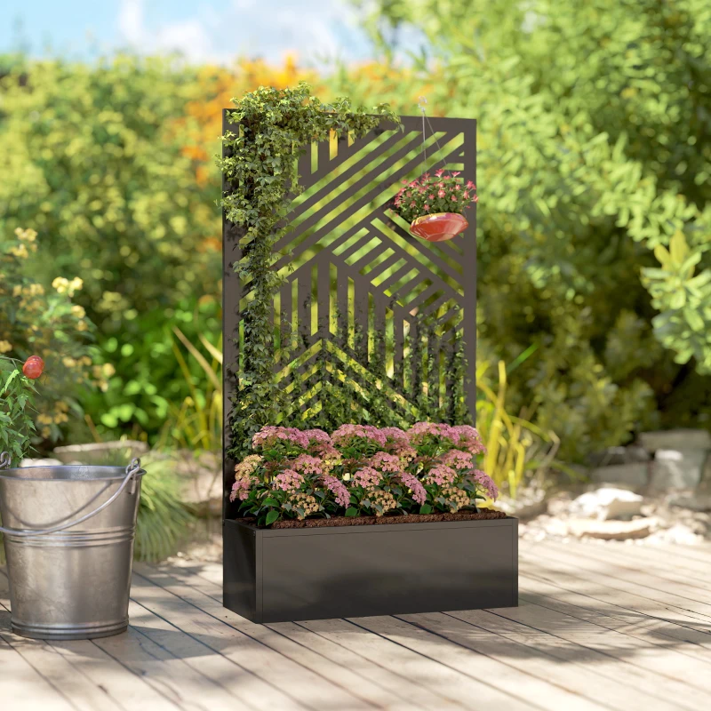 Outsunny Metal Planter Box with Trellis, 44.5" Raised Garden Bed with Trellis Privacy Screen for Climbing Plants