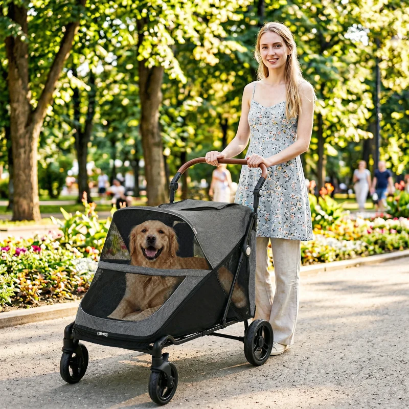 PawHut Dog Stroller for Large Dogs Up to 66 LBS with All-Terrain Spring Suspension, 8-Position Adjustable Handle, Gray
