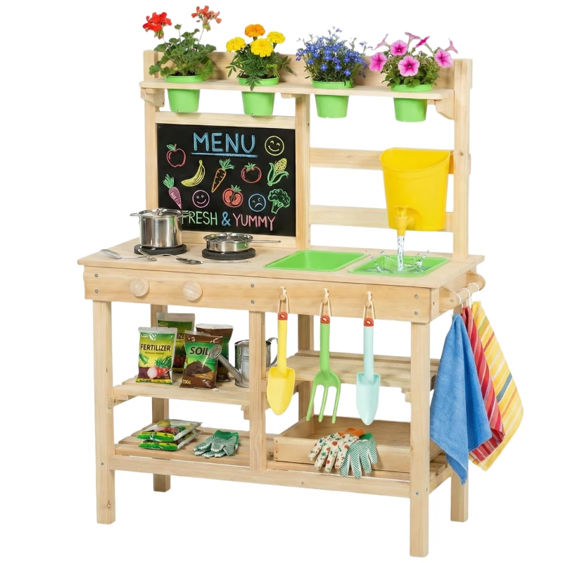 Qaba Kids Mud Kitchen, Outdoor Wooden Play Kitchen with Kitchenware & Garden Tools, Pretend Play Outdoor Toys, Natural