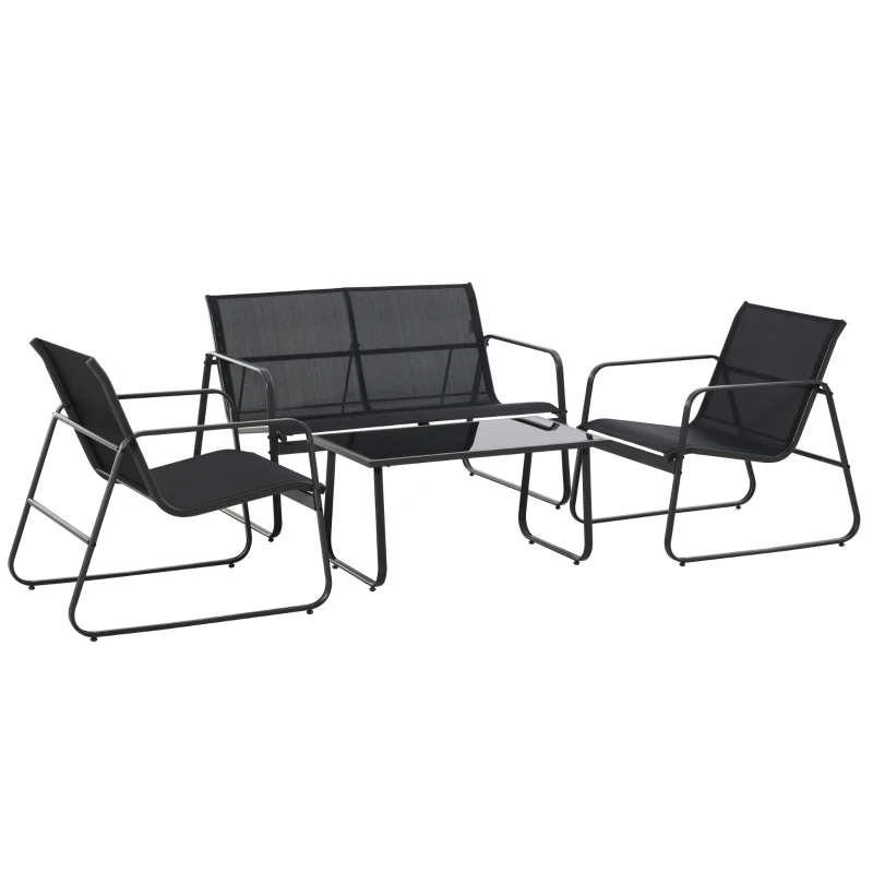 Outsunny 4 Piece Patio Furniture Set, Outdoor Conversation Set with Loveseat Sofa, Armchairs, Glass Top Coffee Table, Black
