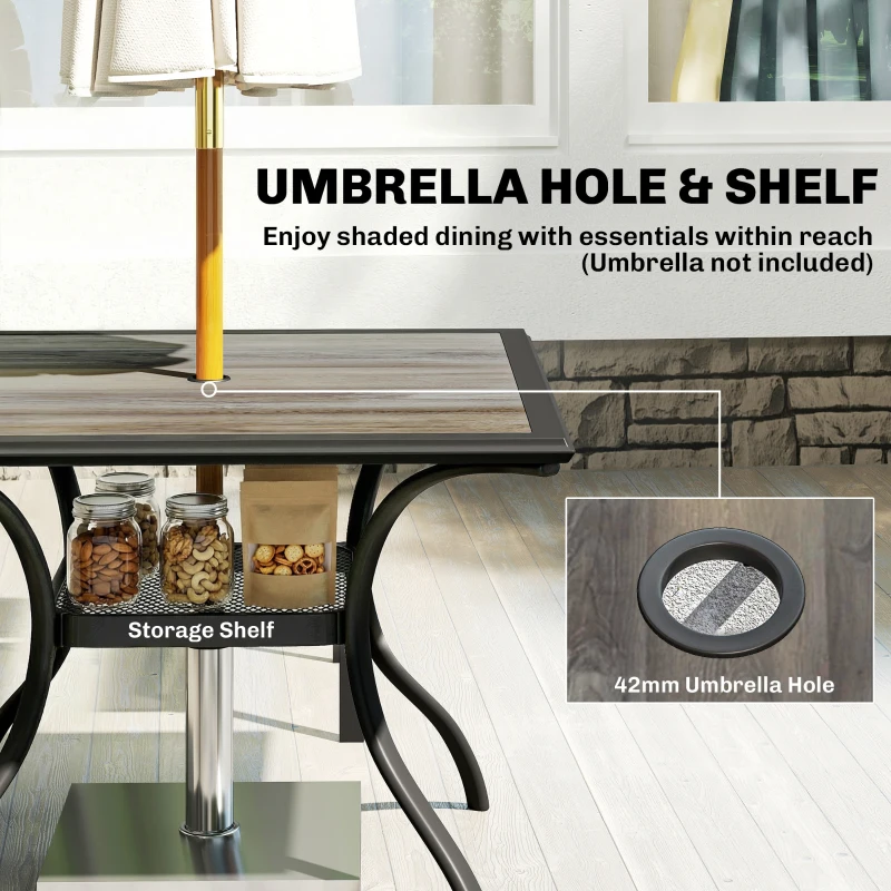 Outsunny 5 Piece Outdoor Patio Dining Set, Dining Table and 4 Stackable Chairs with Umbrella Hole, Shelf