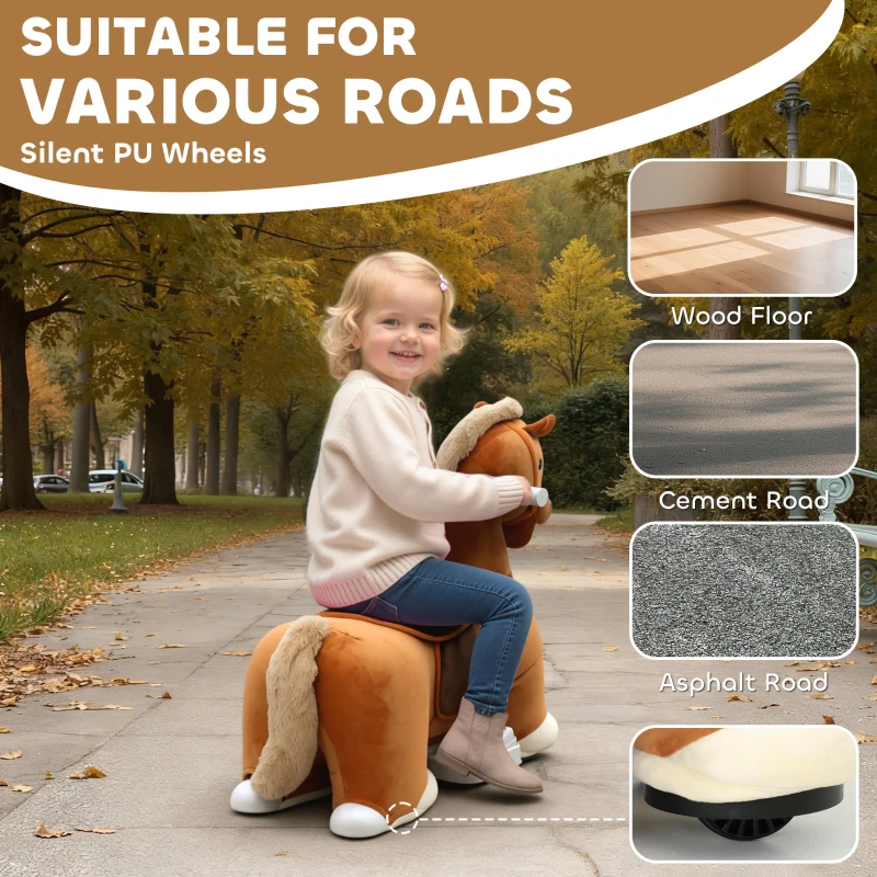 Qaba 6V Battery Powered Ride on Horse with Music, Forward, Foot Pedal, Soft Touch, Washable Cover, for 1.5-5 Years Old