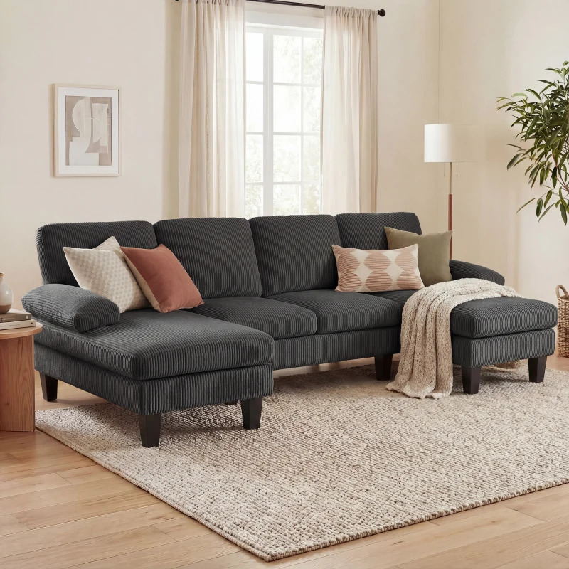 HOMCOM Sectional Sofa, U Shaped Couch with Double Chaise, Pillow-top Armrests and Spring Cushions, 2200lb Capacity, Dark Grey