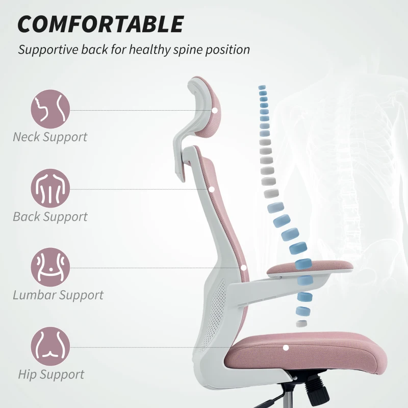HOMCOM Ergonomic Office Chair, Swivel Desk Chair with Adjustable Lumbar Support, Headrest and Height, Flip-up Armrests, Pink