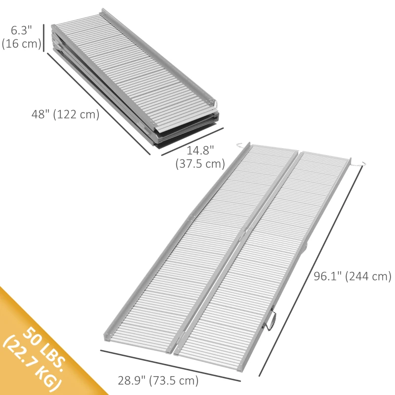 HOMCOM 8' Foldable Handicap Ramp for Home, Steps, Doorways, Aluminum Portable Wheelchair Ramp, Textured Threshold Ramp, Silver