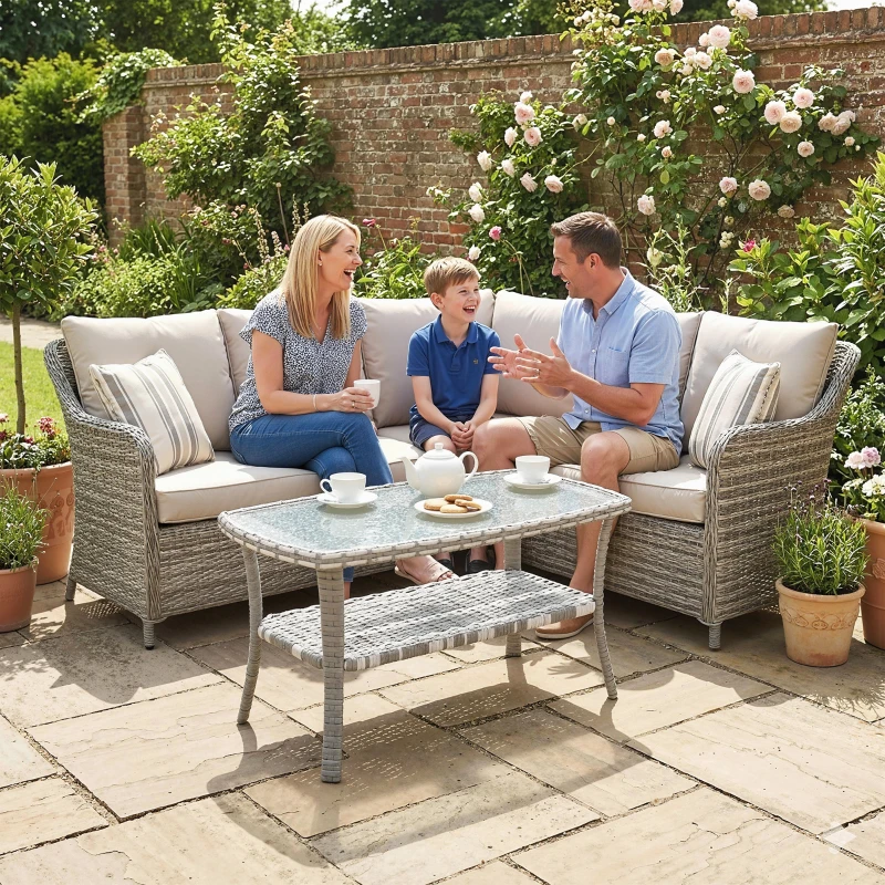 Outsunny Outdoor Coffee Table with Storage Shelf, PE Wicker Patio Table with Glass Top for Garden, Backyard, Dark Grey