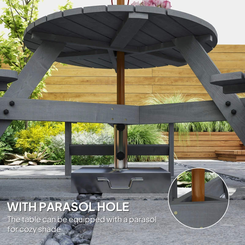 Outsunny 6 Person Round Picnic Table Bench Set with Umbrella Hole, Wood Patio Table with 3 Built-in Benches for Garden, Deck, Backyard, Grey