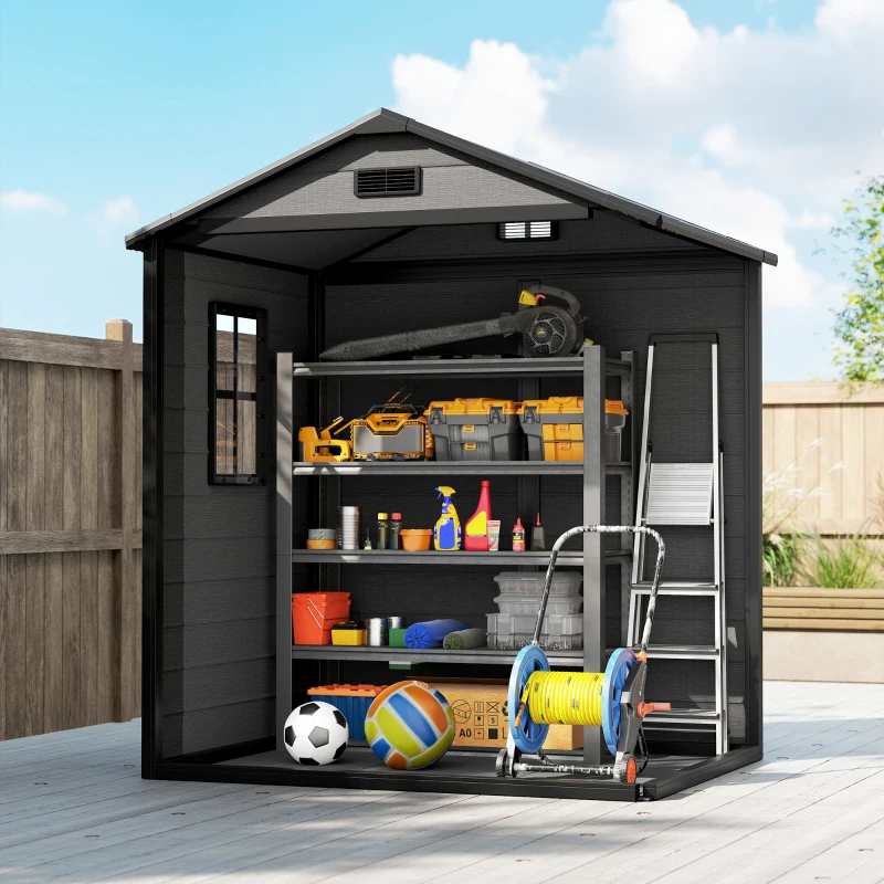 Outsunny 6x4.5FT Plastic Shed, Lockable Garden Tool Storage House with Double Doors and Vent, Grey
