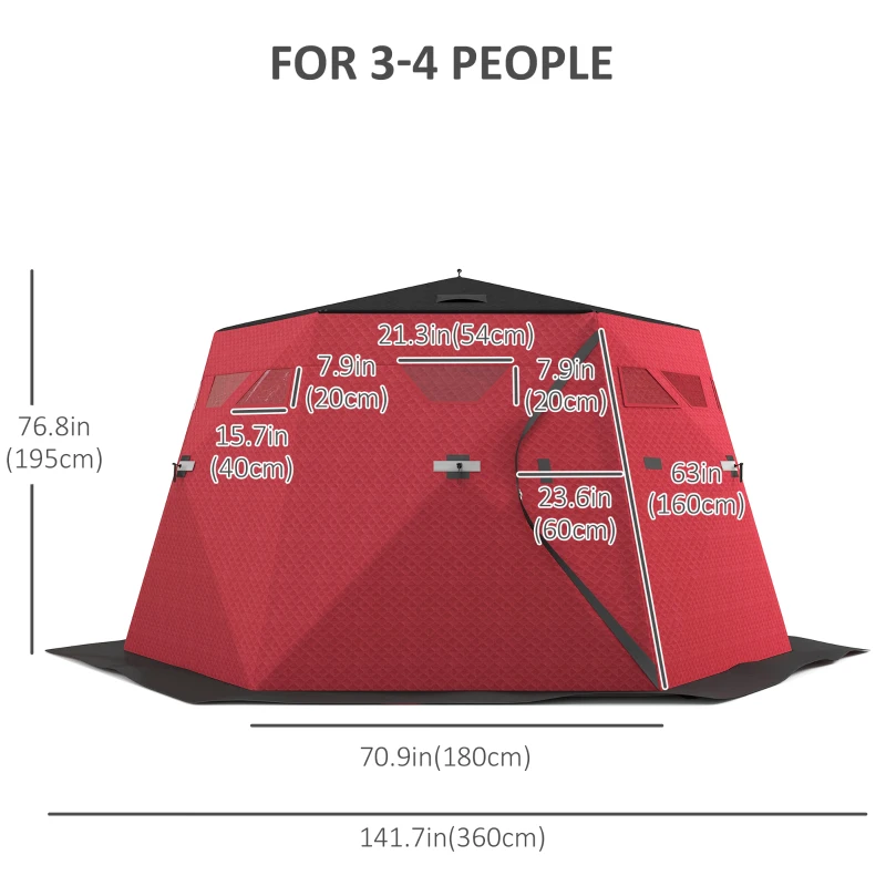 Outsunny 4 Person Insulated Ice Fishing Shelter, Pop-Up Portable Ice Fishing Tent with Carry Bag and Two Doors for -22℉, Red