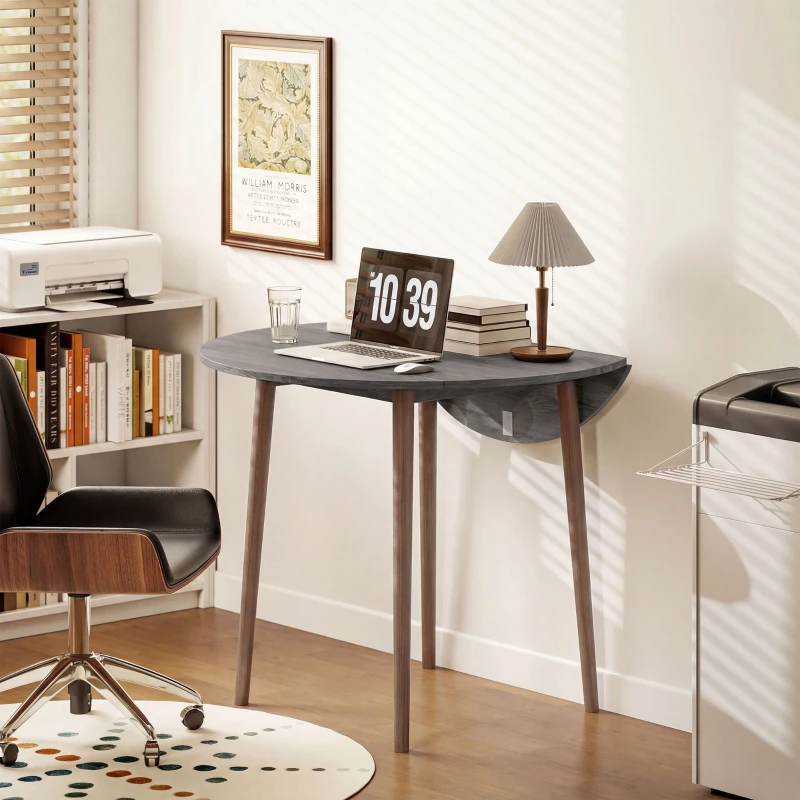 HOMCOM 35" Folding Dining Table, Collapsible Drop Leaf Table with Round Tabletop, Wood Legs, Distressed Light Grey