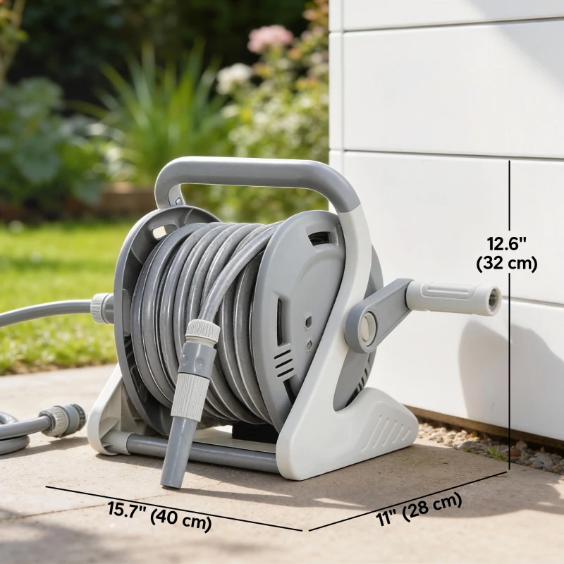 Outsunny Portable Garden Hose Reel, 1/2" x 66ft Wall Mounted Hose Reel with 2 Patterns Spray Nozzle and Crank Handle, Grey