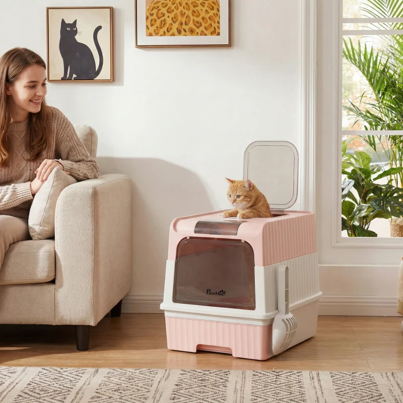 PawHut Cat Litter Box Hooded Cat Litter Tray with Drawer Pan Front Entry & Top Exit Easy Cleaning Pink