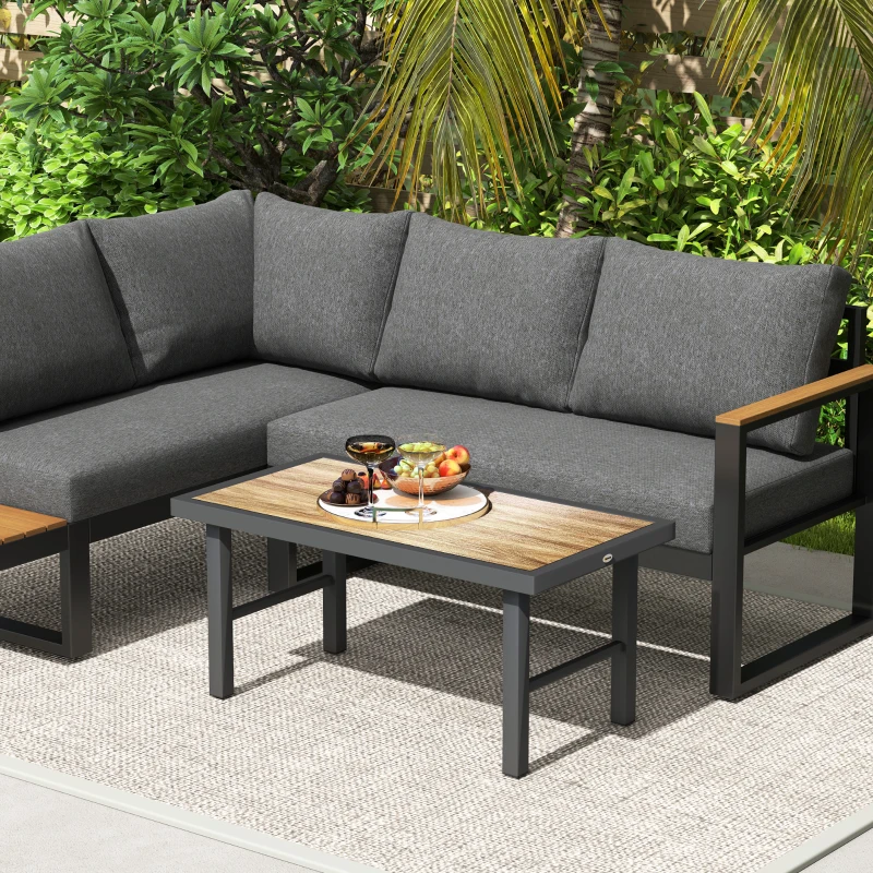 Outsunny Outdoor Side Table with SPC Woodgrain Tabletop, Metal Patio Coffee Table for Outside Garden, Brown