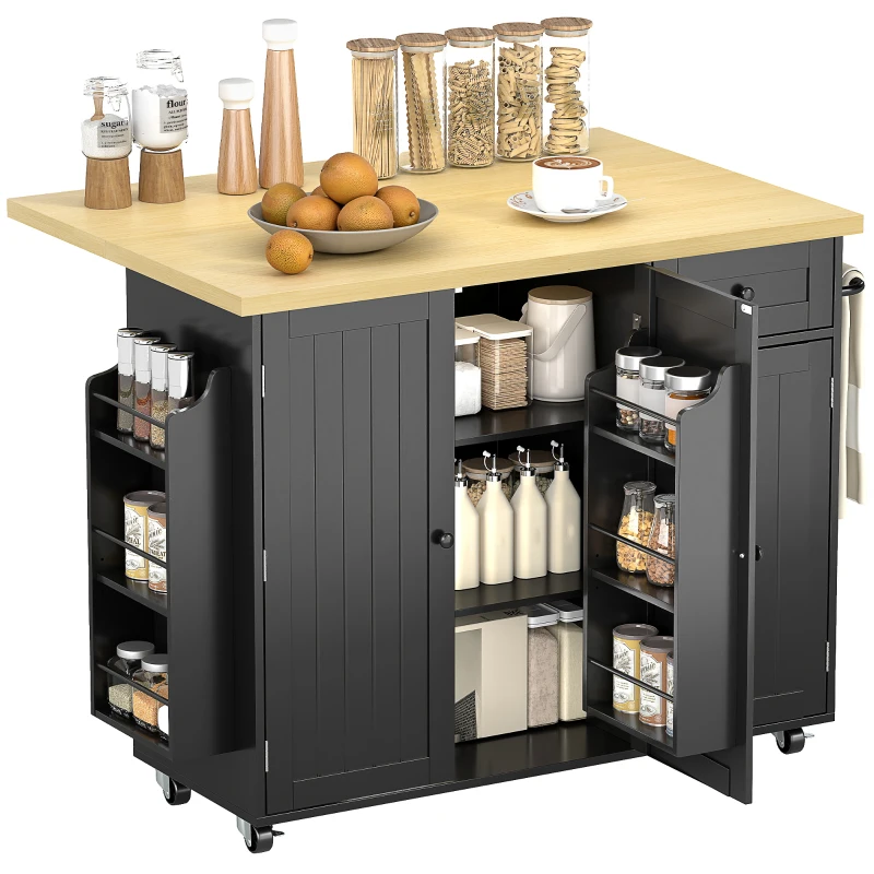 HOMCOM Kitchen Island Cart, Rolling Kitchen Island Table with Drop Leaf, Drawer, Spice and Towel Rack, Black